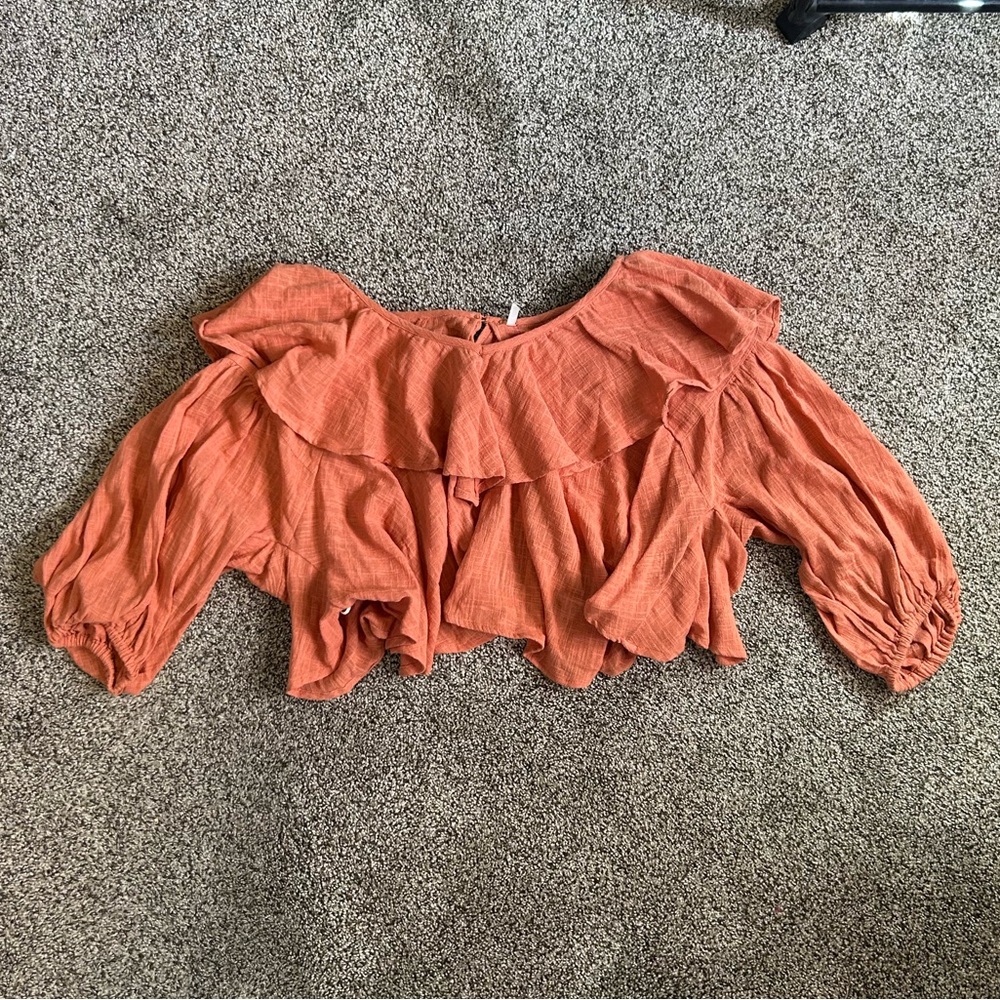 Women's Orange Cropped Ruffled Peasant Top